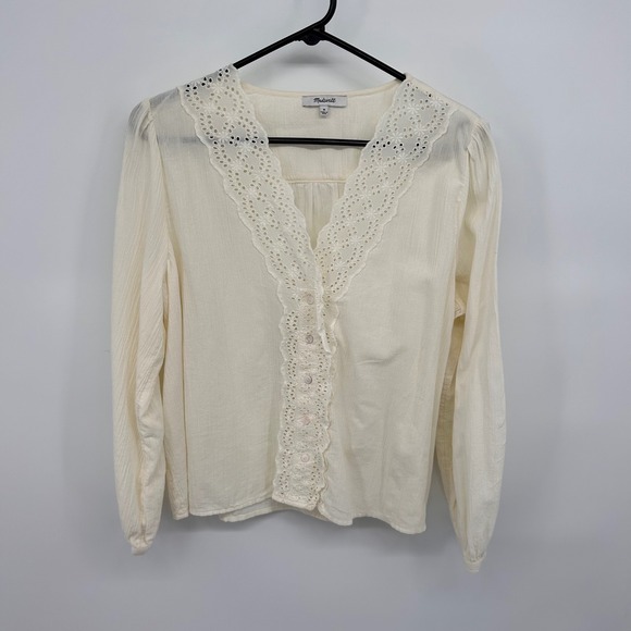 Madewell Tops - Madewell Eyelet Lace Trimmed Button Up Blouse Ivory Long Sleeve Women Size M